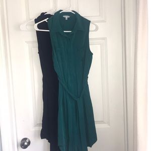 2 sleeveless, collared dresses. Black and teal.